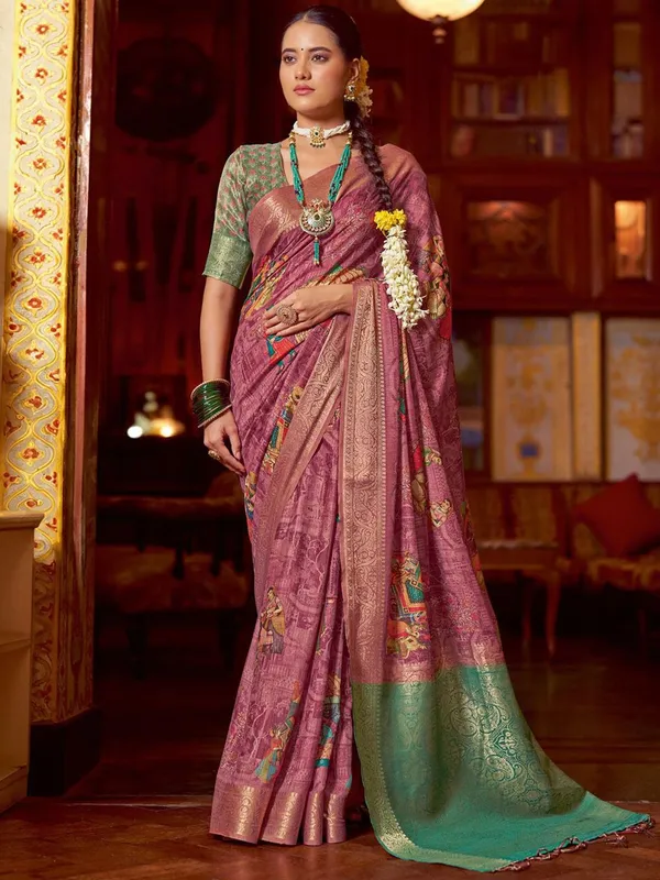 Pink_&_Green_Kalamkari_Elegance_With_Sungudi_Soul_Saree_For_Women_|_With_Unstitched_Blouse