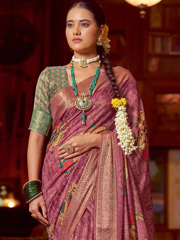 Pink_&_Green_Kalamkari_Elegance_With_Sungudi_Soul_Saree_For_Women_|_With_Unstitched_Blouse