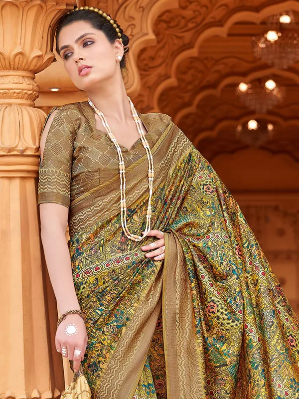 Cream_&_Green_Banarasi_Silk_With_Exquisite_Zari_Detailing_&_Timeless_Motifs_Saree_For_Women_|_With_Unstitched_Blouse