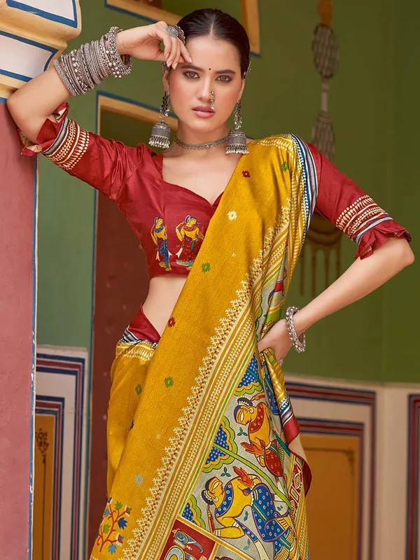 Yellow_Blended_Silk_Tussar_With_Kalamkari_Print_&_Printed_Border_Saree_For_Women_|_With_Unstitched_Blouse