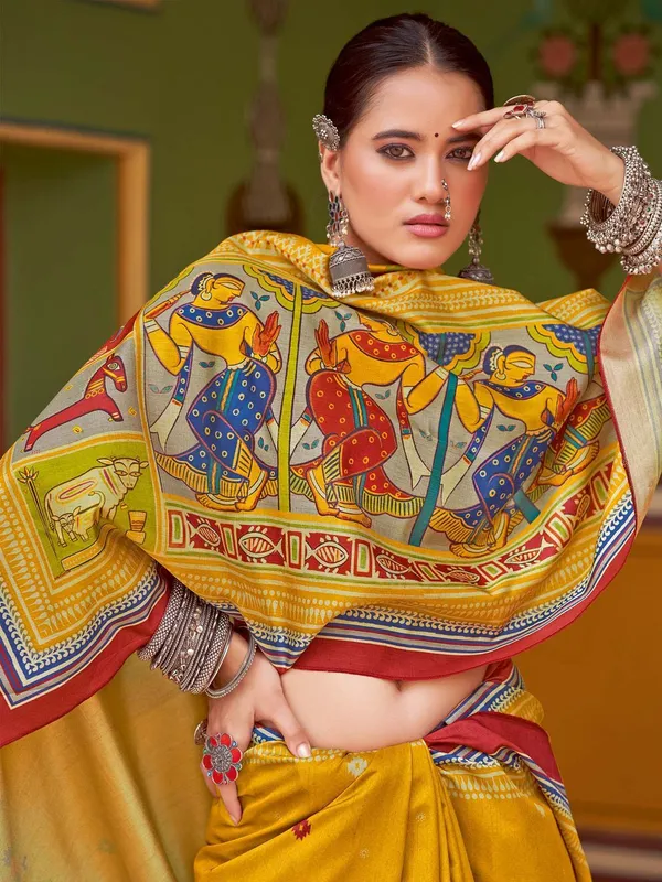 Yellow_Blended_Silk_Tussar_With_Kalamkari_Print_&_Printed_Border_Saree_For_Women_|_With_Unstitched_Blouse