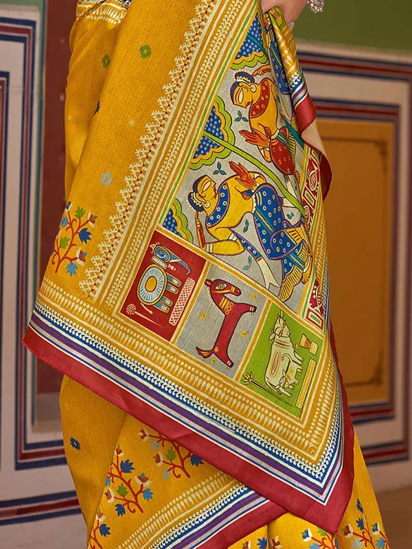Yellow_Blended_Silk_Tussar_With_Kalamkari_Print_&_Printed_Border_Saree_For_Women_|_With_Unstitched_Blouse