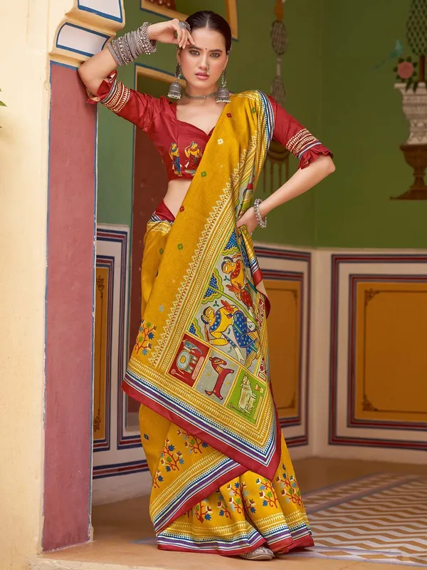 Yellow_Blended_Silk_Tussar_With_Kalamkari_Print_&_Printed_Border_Saree_For_Women_|_With_Unstitched_Blouse
