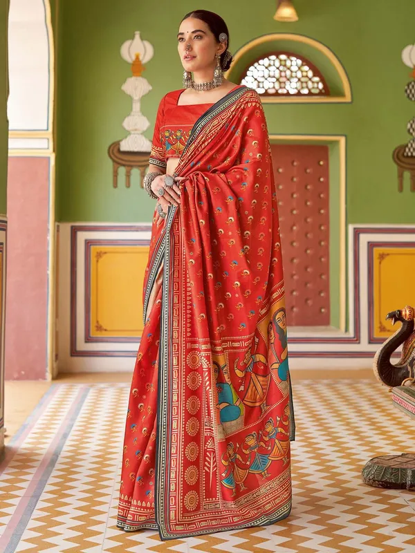 Red_Blended_Silk_Tussar_With_Kalamkari_Print_&_Printed_Border_Saree_For_Women_|_With_Unstitched_Blouse