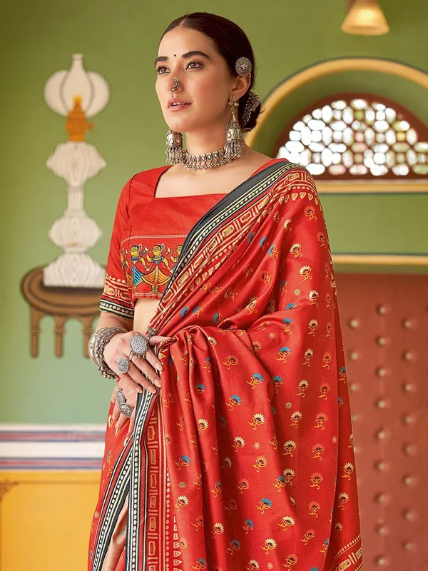 Red_Blended_Silk_Tussar_With_Kalamkari_Print_&_Printed_Border_Saree_For_Women_|_With_Unstitched_Blouse