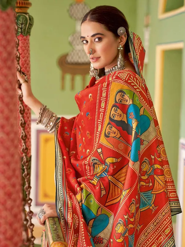 Red_Blended_Silk_Tussar_With_Kalamkari_Print_&_Printed_Border_Saree_For_Women_|_With_Unstitched_Blouse
