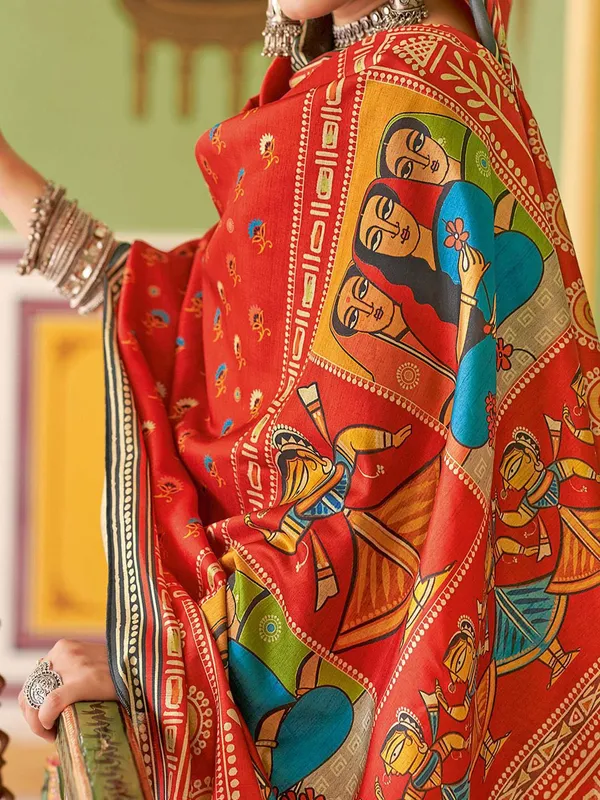 Red_Blended_Silk_Tussar_With_Kalamkari_Print_&_Printed_Border_Saree_For_Women_|_With_Unstitched_Blouse
