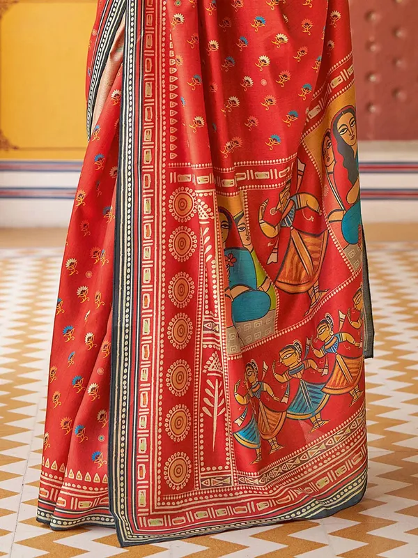 Red_Blended_Silk_Tussar_With_Kalamkari_Print_&_Printed_Border_Saree_For_Women_|_With_Unstitched_Blouse