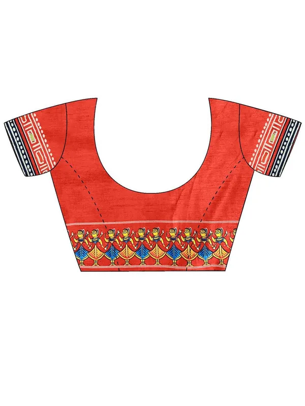 Red_Blended_Silk_Tussar_With_Kalamkari_Print_&_Printed_Border_Saree_For_Women_|_With_Unstitched_Blouse