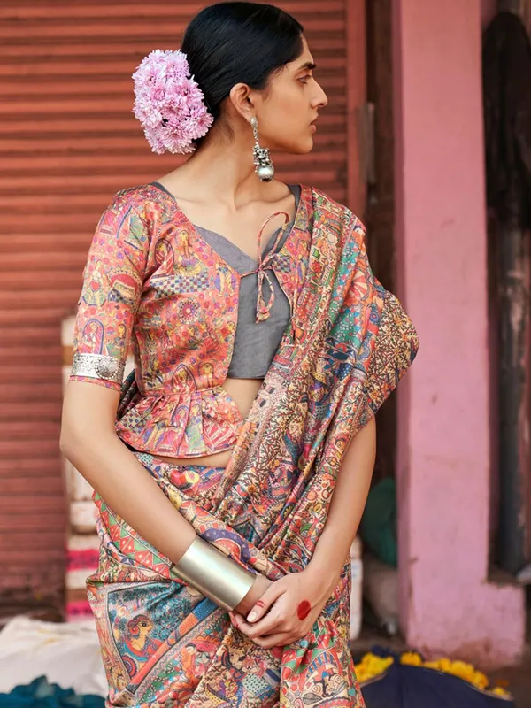 Beige_&_Yellow_Elegant_Madhubani_Digital_Print_Saree_For_Women_|_With_Unstitched_Blouse