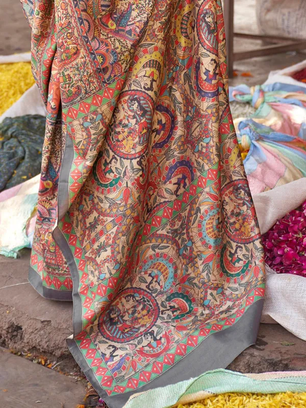 Beige_&_Yellow_Elegant_Madhubani_Digital_Print_Saree_For_Women_|_With_Unstitched_Blouse