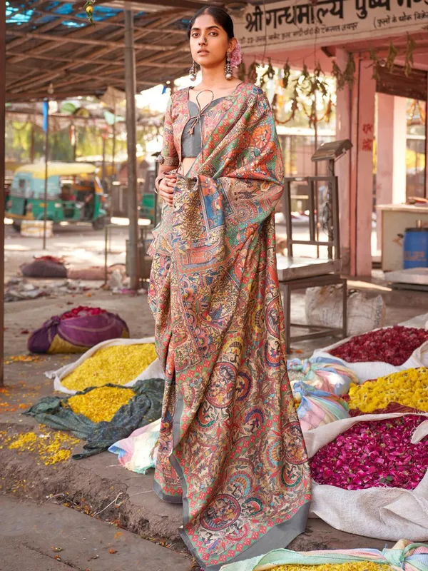 Beige_&_Yellow_Elegant_Madhubani_Digital_Print_Saree_For_Women_|_With_Unstitched_Blouse