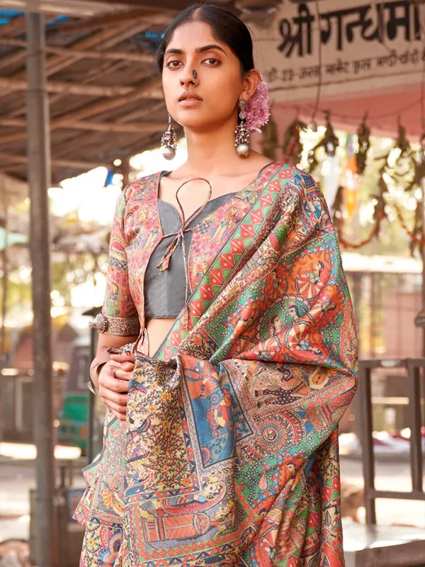 Beige_&_Yellow_Elegant_Madhubani_Digital_Print_Saree_For_Women_|_With_Unstitched_Blouse