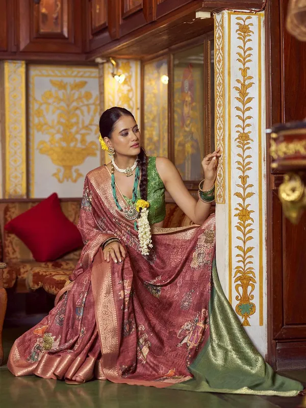 Brown_Kalamkari_Elegance_With_Sungudi_Soul_Saree_For_Women_|_With_Unstitched_Blouse