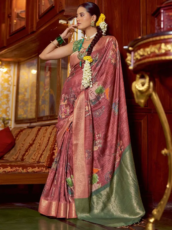 Brown_Kalamkari_Elegance_With_Sungudi_Soul_Saree_For_Women_|_With_Unstitched_Blouse