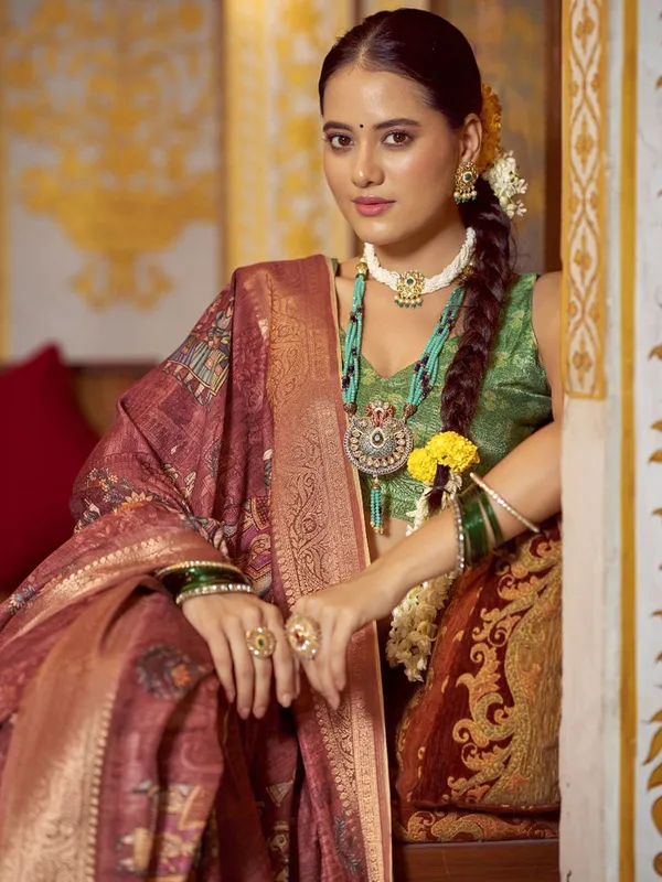 Brown_Kalamkari_Elegance_With_Sungudi_Soul_Saree_For_Women_|_With_Unstitched_Blouse