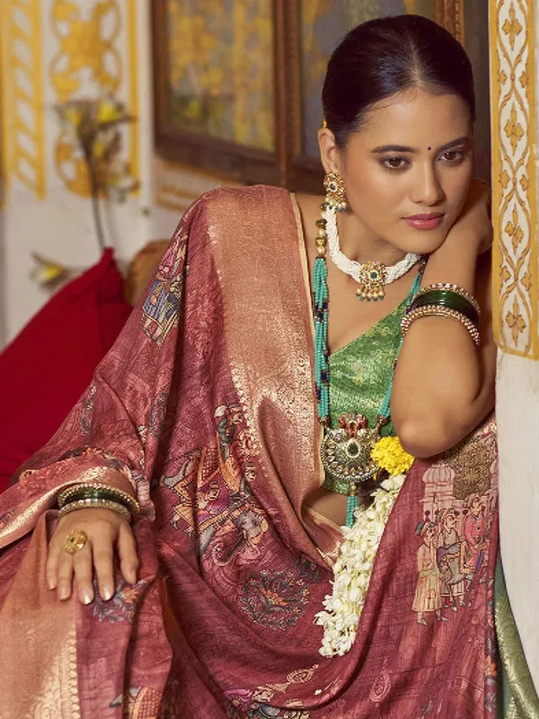 Brown_Kalamkari_Elegance_With_Sungudi_Soul_Saree_For_Women_|_With_Unstitched_Blouse