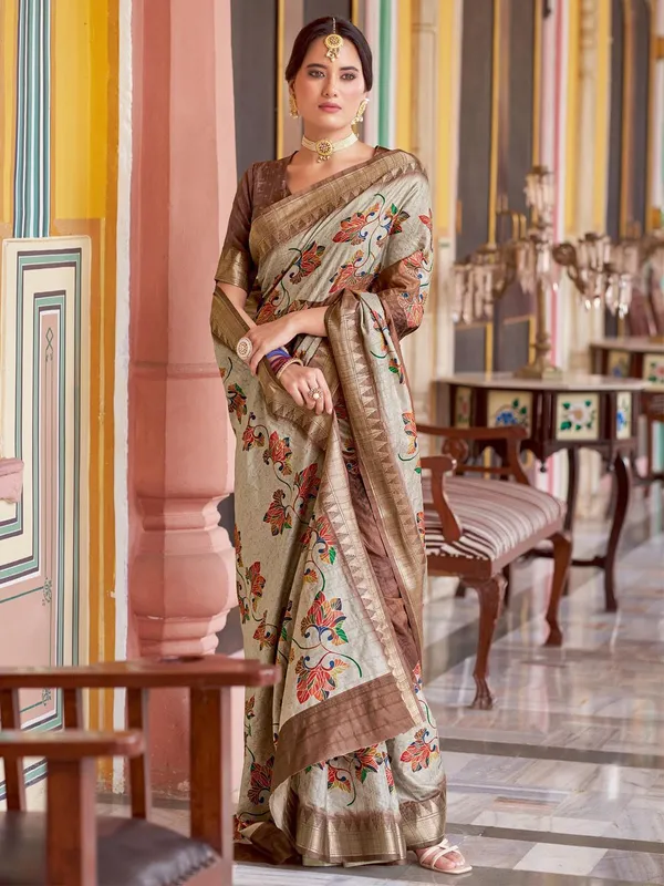 Grey_&_Brown_Rajgharana_Kalamkari_Woven_Design_Saree_For_Women_|_With_Unstitched_Blouse