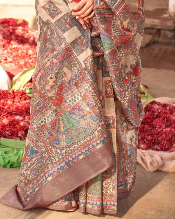 Beige_&_Brown_Handcrafted_Madhubani_Digital_Print_With_Dual_Blouses_Saree_For_Women_|_With_Unstitched_Blouse