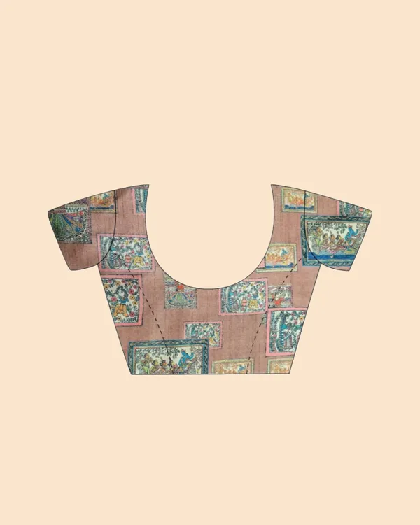 Beige_&_Brown_Handcrafted_Madhubani_Digital_Print_With_Dual_Blouses_Saree_For_Women_|_With_Unstitched_Blouse