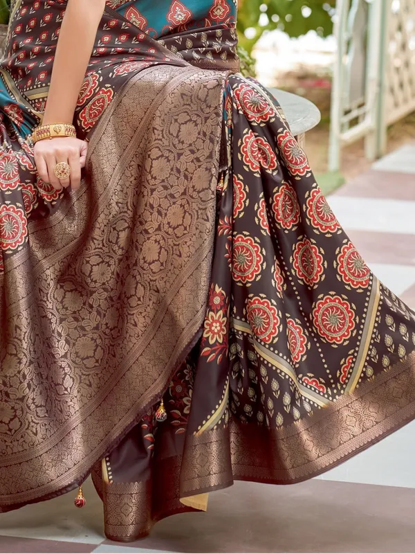 Brown_Ajrakh_Elegance_In_Italian_Saree_For_Women_|_With_Unstitched_Blouse
