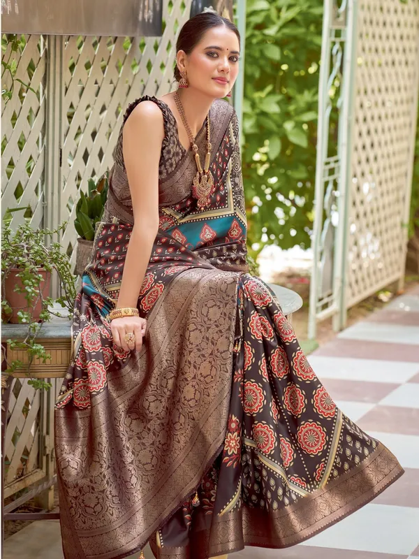 Brown_Ajrakh_Elegance_In_Italian_Saree_For_Women_|_With_Unstitched_Blouse