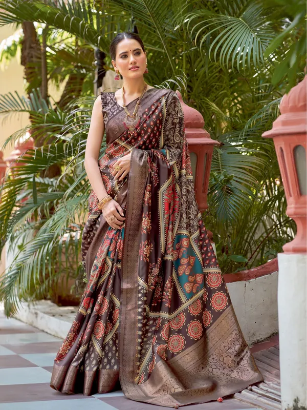 Brown_Ajrakh_Elegance_In_Italian_Saree_For_Women_|_With_Unstitched_Blouse
