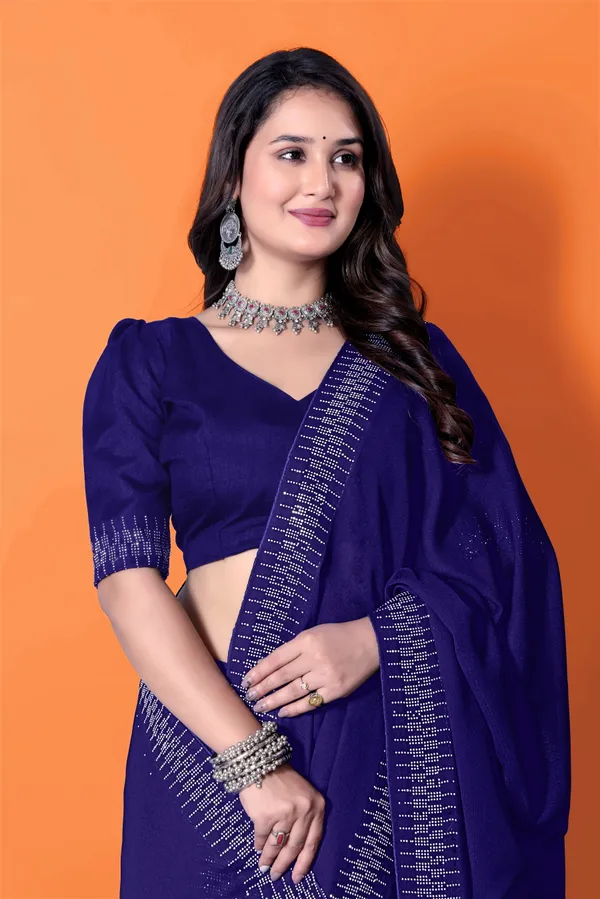 Navy_Blue_Silk_Blend_Diamond_Work_Died_Saree_With_Unstitched_Blouse_Piece