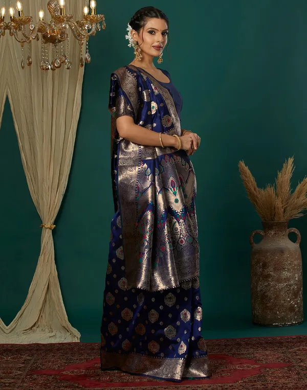 Navy_Blue_Elegant_Silk_Blend_Banarasi_Saree_With_Unstitched_Blouse_Piece