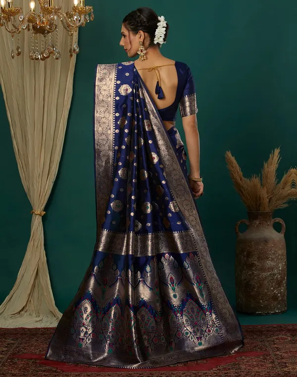Navy_Blue_Elegant_Silk_Blend_Banarasi_Saree_With_Unstitched_Blouse_Piece