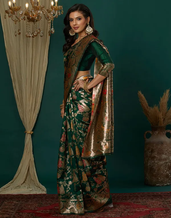 Dark_Green_Elegant_Silk_Blend_Baluchari_Saree_With_Unstitched_Blouse_Piece