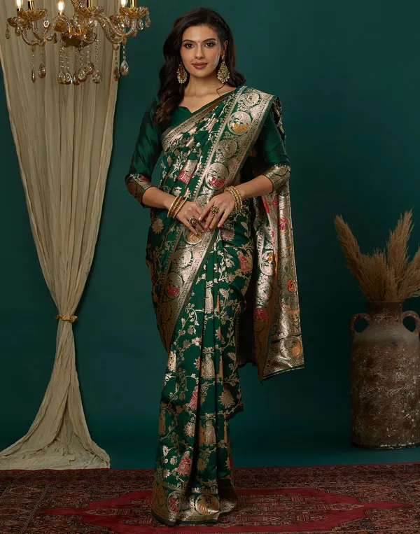 Dark_Green_Elegant_Silk_Blend_Baluchari_Saree_With_Unstitched_Blouse_Piece