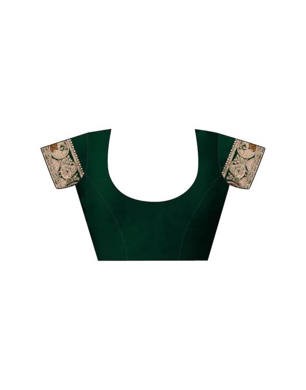 Dark_Green_Elegant_Silk_Blend_Baluchari_Saree_With_Unstitched_Blouse_Piece
