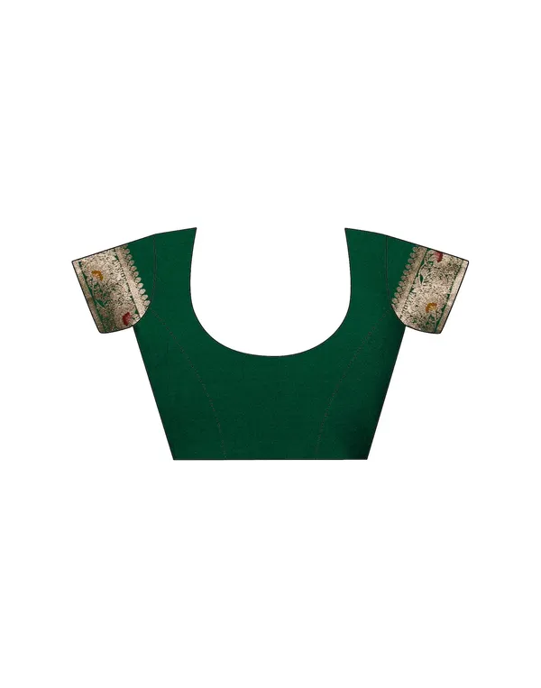 Dark_Green_Elegant_Silk_Blend_Baluchari_Saree_With_Unstitched_Blouse_Piece