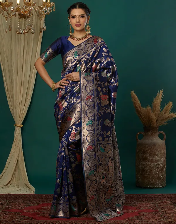 Navy_Blue_Silk_Blend_Baluchari_Saree_With_Unstitched_Blouse_Piece