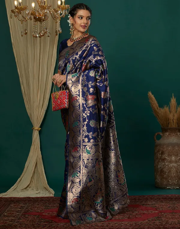 Navy_Blue_Silk_Blend_Baluchari_Saree_With_Unstitched_Blouse_Piece