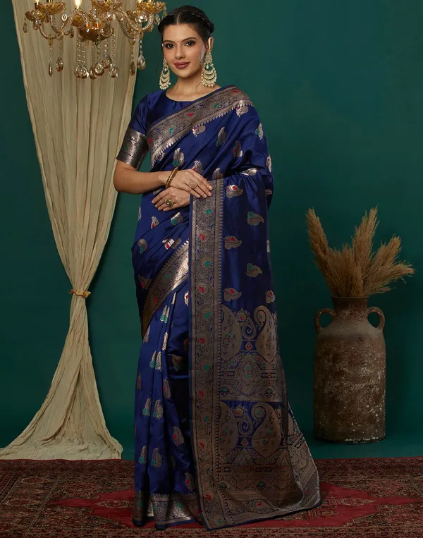 Navy_Blue_Silk_Blend_Baluchari_Saree_With_Unstitched_Blouse_Piece