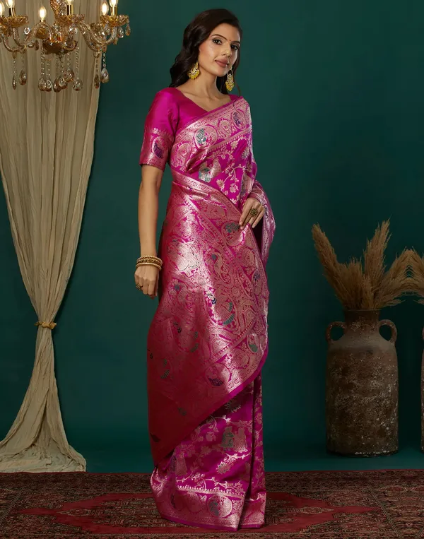 Pink_Elegant_Silk_Blend_Baluchari_Saree_With_Unstitched_Blouse_Piece