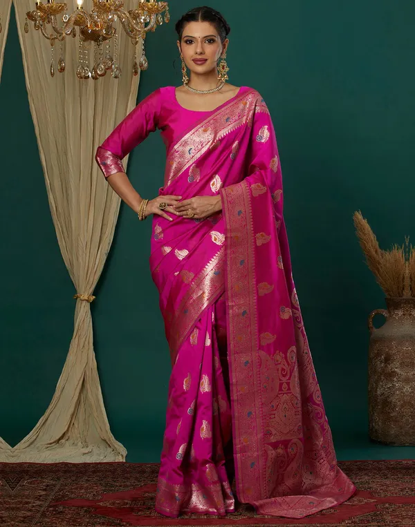 Pink_Elegant_Silk_Blend_Baluchari_Saree_With_Unstitched_Blouse_Piece