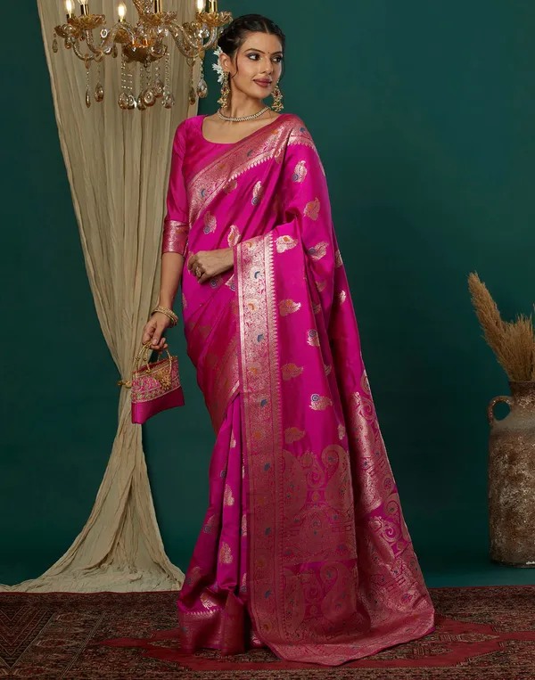 Pink_Elegant_Silk_Blend_Baluchari_Saree_With_Unstitched_Blouse_Piece