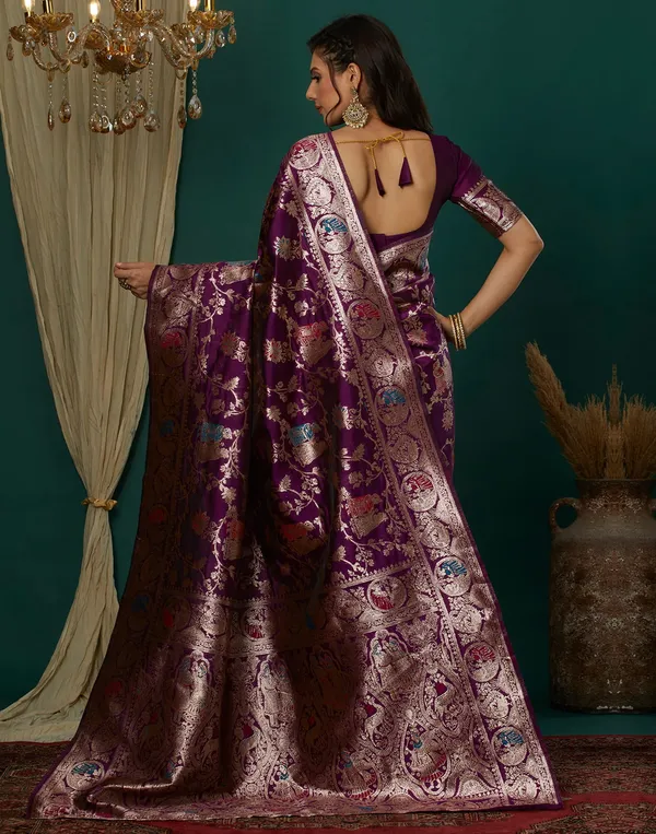 Wine_Silk_Blend_Baluchari_Saree_With_Unstitched_Blouse_Piece