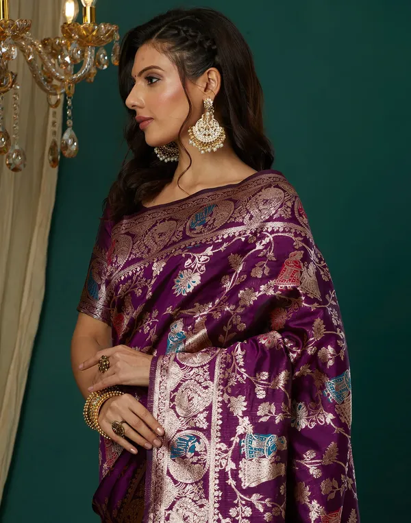 Wine_Silk_Blend_Baluchari_Saree_With_Unstitched_Blouse_Piece