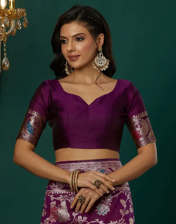 Wine_Silk_Blend_Baluchari_Saree_With_Unstitched_Blouse_Piece