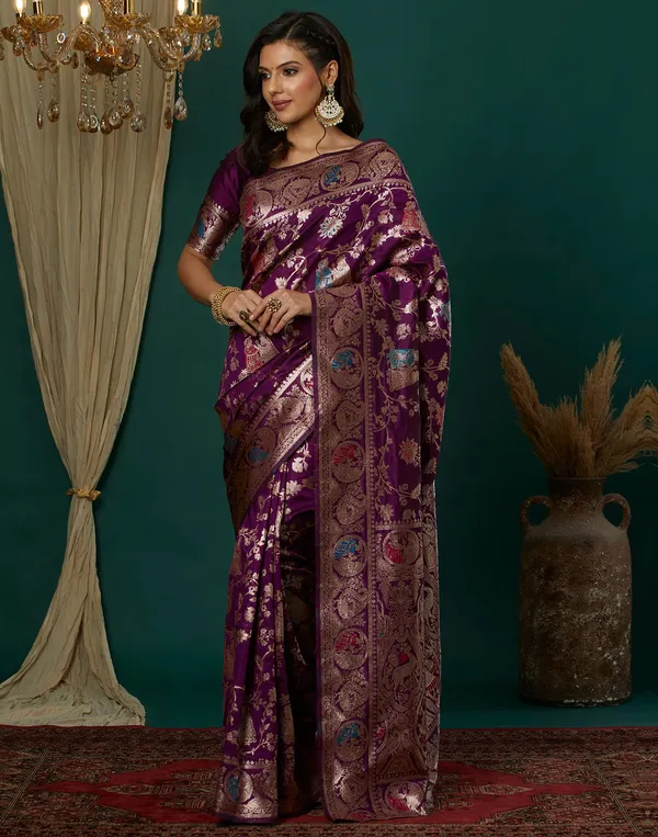 Wine_Silk_Blend_Baluchari_Saree_With_Unstitched_Blouse_Piece