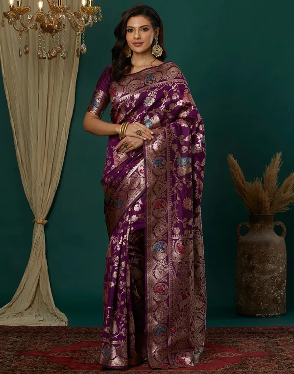Wine_Silk_Blend_Baluchari_Saree_With_Unstitched_Blouse_Piece