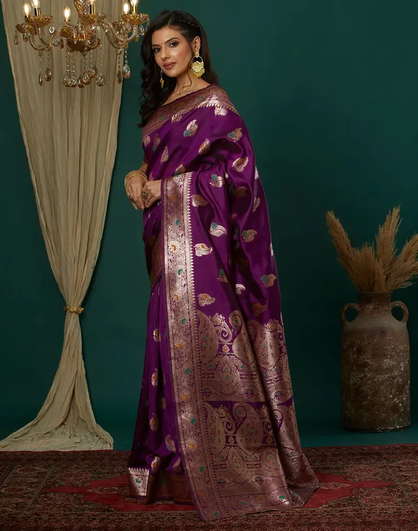 Wine_Silk_Blend_Baluchari_Saree_With_Unstitched_Blouse_Piece