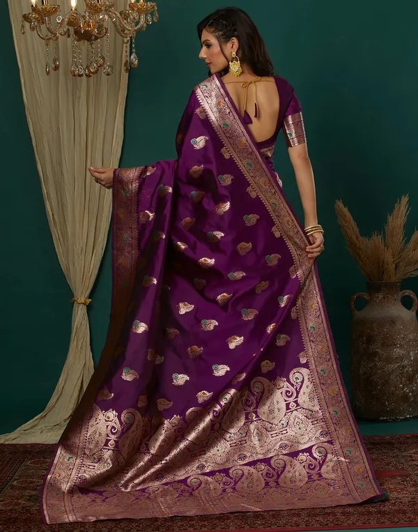 Wine_Silk_Blend_Baluchari_Saree_With_Unstitched_Blouse_Piece