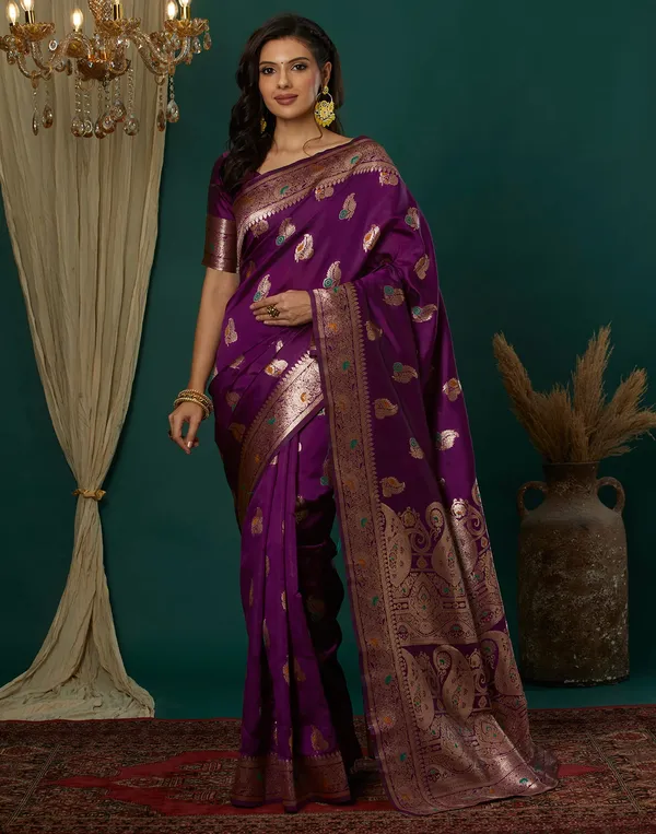 Wine_Silk_Blend_Baluchari_Saree_With_Unstitched_Blouse_Piece