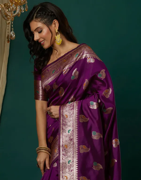 Wine_Silk_Blend_Baluchari_Saree_With_Unstitched_Blouse_Piece