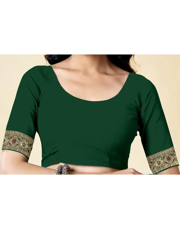 Dark_Green_Silk_Blend_Banarasi_Saree_With_Unstitched_Blouse_Piece